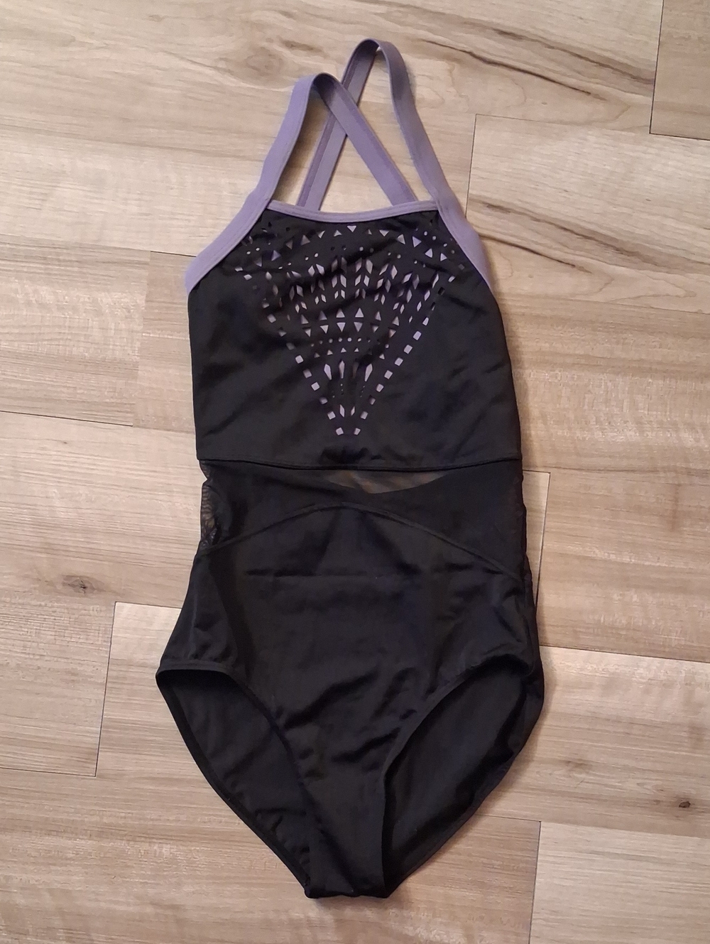 Black One-Piece Leotard with Lavender Trim Size Small Stomach Mesh (L) Balera